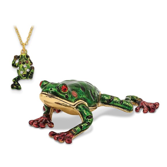 Pewter Bejeweled Crystals Enameled FRANK Red Eyed Frog Trinket Box with Pendant - Picture 4 of 4